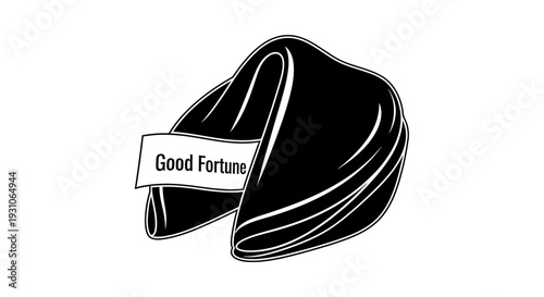 Black and white illustration of a fortune cookie with a 'Good Fortune' message