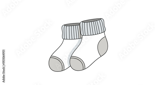 Simple illustration of a pair of cozy white baby socks with light grey toes and heels, perfect for a newborn or infant.