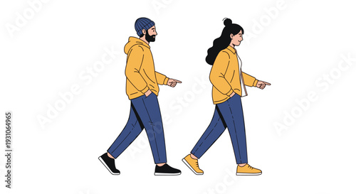 Illustration of a man and a woman in casual yellow jackets and blue trousers walking together and pointing forward into the distance.