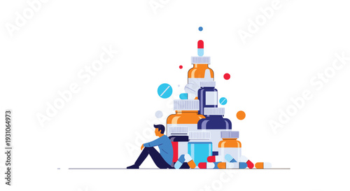 Conceptual illustration of a sad man sitting despondently in front of an overwhelming pile of medicine bottles and pills.