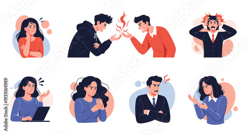 Diverse collection of people expressing various negative emotions like anger, frustration, and sadness in different social and work-related situations.
