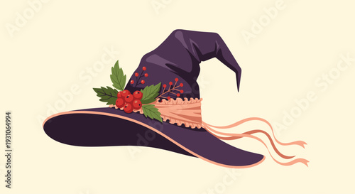 Classic purple witch hat decorated with a peach ribbon and a festive cluster of red holly berries and green leaves for spooky Halloween celebrations.