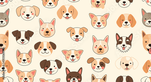 Seamless pattern featuring various cute dog faces of different popular breeds with friendly expressions on a light cream-colored background.