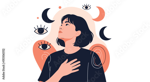 Artistic portrait of a woman looking upwards surrounded by symbolic eyes, crescent moons, and swirling shapes on a soft, colorful background.