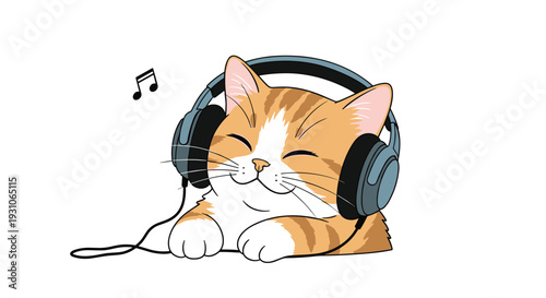 Cute orange tabby kitten wearing large professional headphones and listening to music with a blissful expression and musical notes floating nearby.