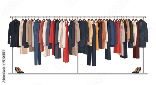 Extensive clothing rack filled with numerous stylish garments including dresses, coats, and trousers in various colors for a retail store display.