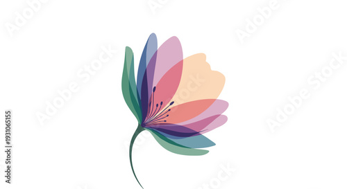 Abstract illustration of a delicate blooming flower with transparent overlapping petals in shades of pink, purple, and green on a white background.