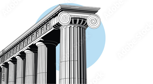 Detailed architectural drawing of a row of majestic ancient Greek columns with ornate capitals under a clear blue sky circle background element.