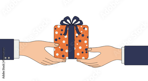 Two hands reaching out to exchange a decorative gift box wrapped in bright orange paper with white polka dots and tied with a neat blue ribbon.