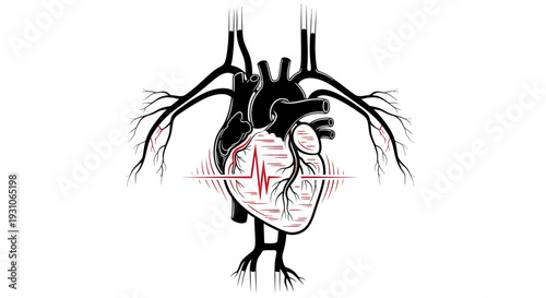 Anatomical Heart with EKG Line and Blood Vessels - Medical Illustration