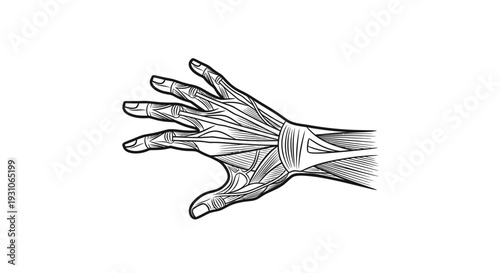 Anatomical illustration of human hand muscles and tendons, black and white line art