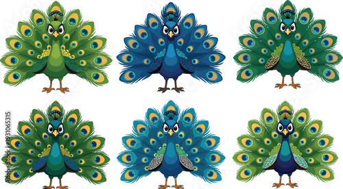 Cute cartoon peacock set with colorful feather tails, adorable bird character collection illustration isolated on white background for kids design and decoration