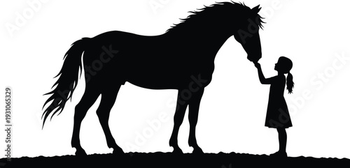 Girl and horse silhouette vector illustration, child touching pony in countryside scene, black equestrian friendship concept isolated on white background
