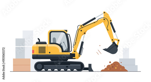 Yellow Excavator Digging Soil on Construction Site with Building Materials