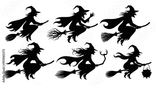 Witch Silhouette Collection: Flying on Broomsticks with Cauldron
