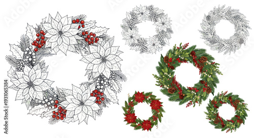Christmas Wreaths Collection: Poinsettias, Berries, Pine Cones, and Greenery
