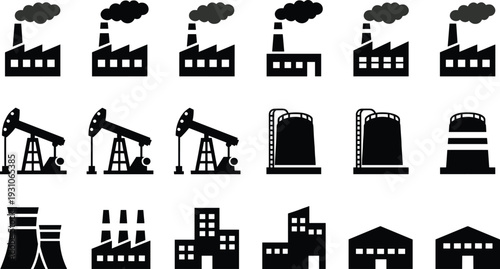 Industrial factory and oil industry silhouettes vector icon set isolated on white background, including power plant, refinery, warehouse, and manufacturing buildings for business design.