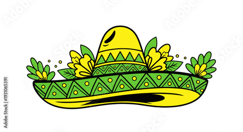 Colorful Sombrero Hat with Flowers and Leaves, Mexican Fiesta Celebration Icon