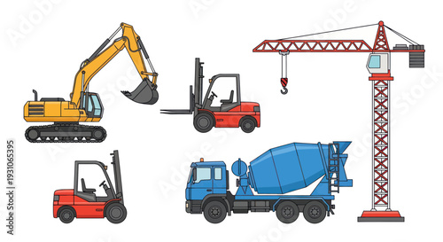 Construction Vehicles and Machinery Set: Excavator, Crane, Forklifts, Cement Mixer