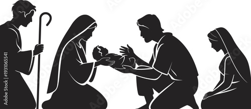 Nativity scene silhouette vector illustration, Holy Family with baby Jesus, Mary and Joseph in black Christmas religious design isolated on white background