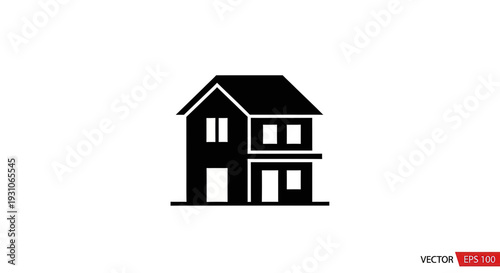 Simple Black Icon of a Two-Story House on a White Background