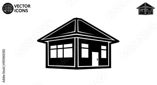 Simple House Icon, Black and White Vector Illustration of a Residential Building