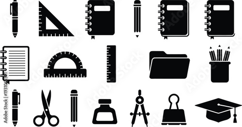 School supplies icons set vector illustration, black education stationery symbols collection including notebook pencil ruler scissors and graduation cap isolated on white backgroun