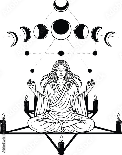 Mystical woman meditating in lotus pose with moon phases and celestial geometry including lit candles and esoteric symbols isolated on white background for spiritual design