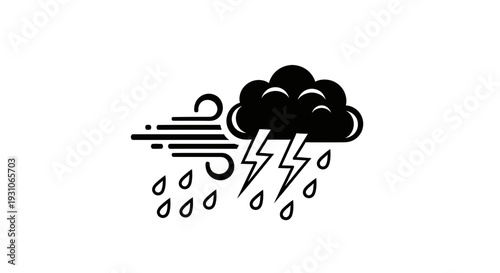 Stormy Weather Icon: Rain, Wind, Lightning Cloud Symbol