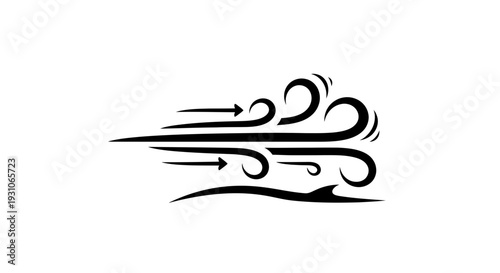 Stylized Black and White Wind Icon with Swirling Gusts and Arrows