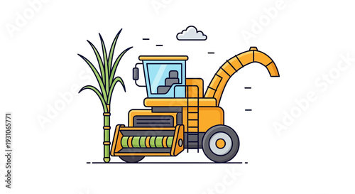Sugarcane Harvester Machine Working in Field, Agricultural Equipment Illustration