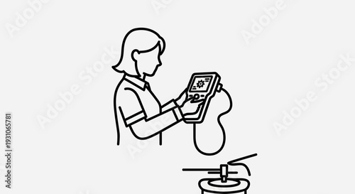 Technician using handheld device for industrial inspection, quality control, engineering