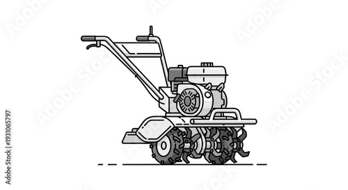 Tiller Machine Illustration: Garden Tilling Equipment for Soil Cultivation