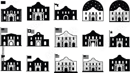 Set of San Antonio Alamo Mission Building Silhouettes Featuring Various Architectural Styles and Texas State Flags Isolated on a Clean White Background for Historyg