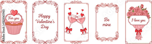 Set of romantic Valentine Day greeting cards with cupcake wine glasses and rose bouquet in decorative red frames for wedding anniversary and love celebrations