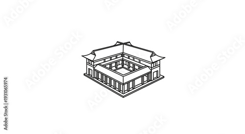 Traditional Courtyard Building Architecture, Outline Drawing, Vector Illustration