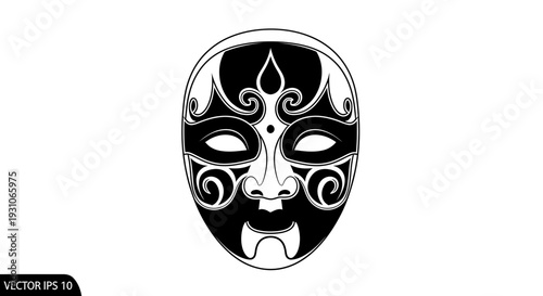Traditional Chinese Opera Mask Vector Illustration, Black and White