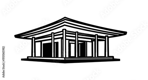 Traditional Japanese Pavilion Architecture, Minimalist Black and White Line Art