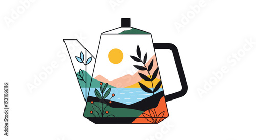 Decorative teapot featuring a beautiful landscape illustration of mountains, sun, and water in soft colors on white background.