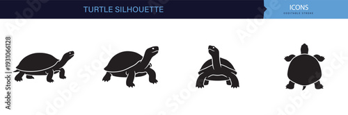 Turtle Silhouette Icons Set Black and White Realistic Reptile Pose Collection