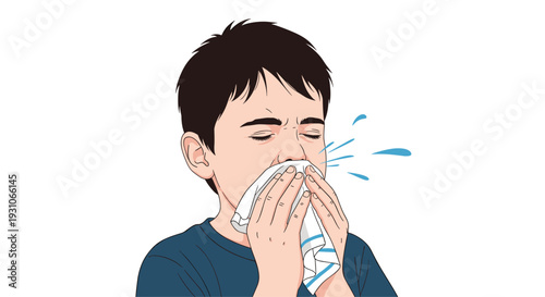Young boy sneezing into a white handkerchief with droplets flying out indicating illness or allergy on a white background.