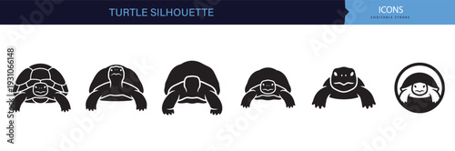 Turtle Silhouette Front View Icons Set Black and White Reptile Collection