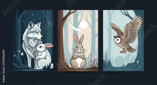 Set of three storybook illustrations featuring a wolf and rabbit, a single rabbit, and an owl in forest settings.