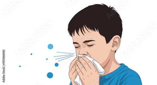 Illustration of a young boy suffering from a cold and sneezing into a tissue with germs visible in the air around him.
