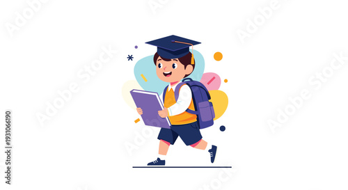 Happy young boy wearing a graduation cap and backpack while holding a diploma or book and walking cheerfully to school.