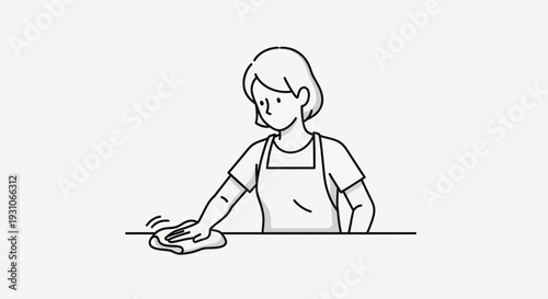 Woman cleaning surface with cloth, simple line drawing, minimalist, hygiene concept