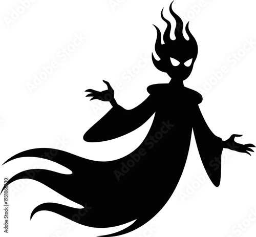 Triple tipped fire crown phantom gliding sideways, arcane dusk apparition symbol, supernatural branding graphic for Halloween merchandise, poster layouts, sticker packs, black art