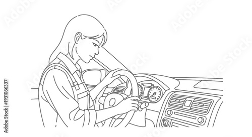 Woman driving car, looking at dashboard, focused on road