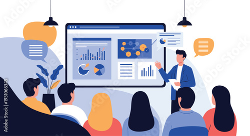 Professional man gives a business presentation with charts and data on a large screen to an audience in a modern office.