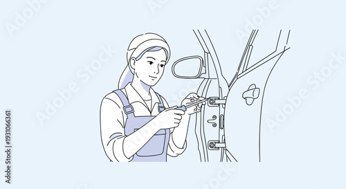 Woman fixing car door hinge with screwdriver, close-up, DIY auto repair